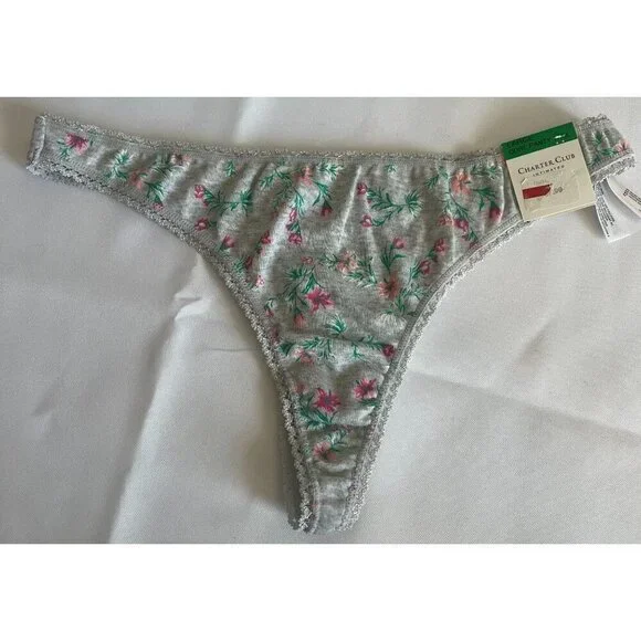 Charter Club Intimates Ladie's Gray Floral Cotton Lace Thong Underwear Large NEW - Picture 2 of 7